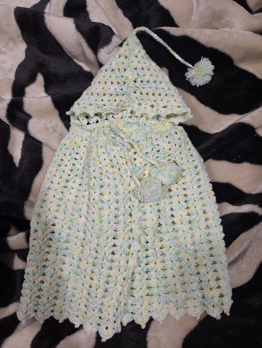 Handmade Hooded Crochet Baby Poncho in Mint & Yellow Speckle